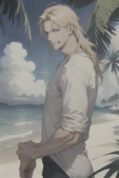 (absurdres, highres, ultra detailed), 1 male, adult, handsome, tall muscular guy, broad shoulders, finely detailed eyes and detailed face, casual clothes, Beach, palm tree, smile, dutch angle, from side, wavy blonde hair