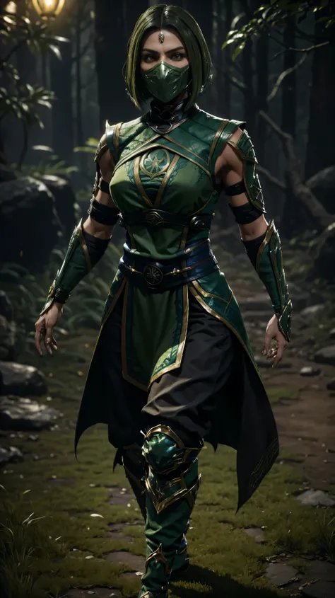 uma mulher longos cabelos pretos usando uma roupa ninja branca e verde com detalhes dourados no estilo mortal kombat 11