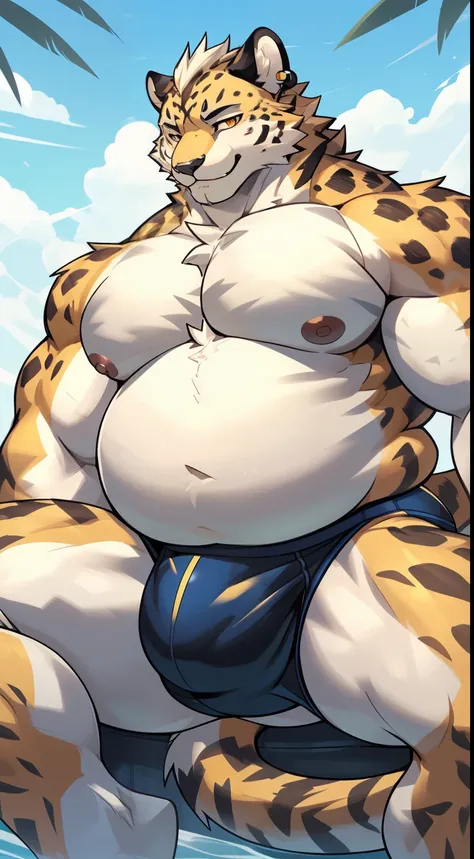 Tabaxi Knight，cheetah，youth，fullbody, spread legs, Handsome，Say hello by chance，Cai Xukun&#39;High quality fan art，clear lines，Earrings in the ears, (((massive pecs))), huge pecs, ((bulging pecs)), sagging pecs, hard nipples, (fat pecs), (((massive bulge))...