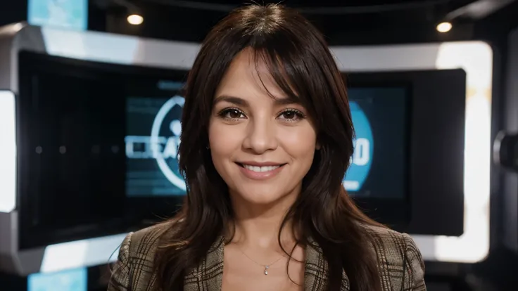 In 8k half body of a 40-year-old Argentine woman, cabello rubio, sonrisa perfecta, looking to the camera, alta calidad, detalles perfectos, presenter of a television channel, con vestimenta semi formal