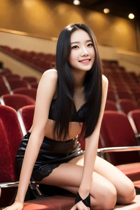 (((Very long black hair 1.3)))　((highest quality)), ((masterpiece)), (get used to it) ((Kneeling pose))　((Photographed above the knee))　(sexy lingerie)　perfect beautiful face　(The most beautiful Japanese 18 year old girls)　hairstyle(dull bangs)　　(The bangs...