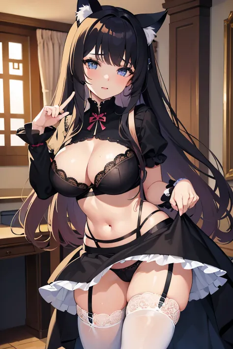 Best quality, high res, best quality, (detailed eyes and face:1.2), cat ears, in the little sisters room, little sister in the room, (dressed as a sexy cosplayer:1.2) , (stunningly beautiful), (incredible fantasy hair:1.1), (extremely short skirt:1.1) show...