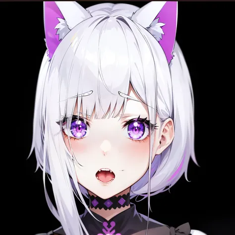 anime girl with white hair and purple eyes wearing a black outfit, anime catgirl, anime girl with cat ears, cute anime catgirl, white cat girl, nekomimi, anime cat, beautiful anime catgirl, ayaka genshin impact, live2d virtual youtuber model, very beautifu...