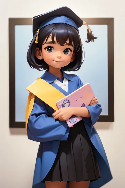 an 8 year old girl wearing a graduation gown and graduation cap, con un diploma, wearing an academic gown, Postgrado, graduation photo, en estilo de dibujos animados de pixar, travieso, Chica de escuela, de cuerpo completo.