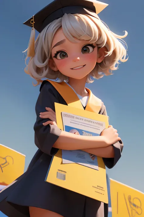 A full-bodied girl, from 8 years old, with a graduation gown and graduation cap, con un diploma, wearing an academic gown, Postgrado, graduation photo, en estilo de dibujos animados de pixar, travieso, Chica de escuela, de cuerpo completo.