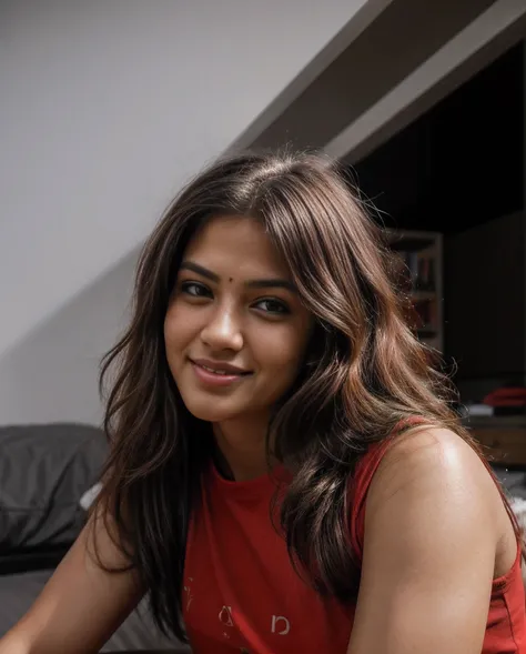 Hyperrealist portrait of female wearing red t-shirt, jeans black, photo-realistic, dynamic lighting, art station, volumetric lighting, very detailed faces, 4k, award-winning, long hair, Indian Woman, look at the viewer, smile, bed, science books, food, man...