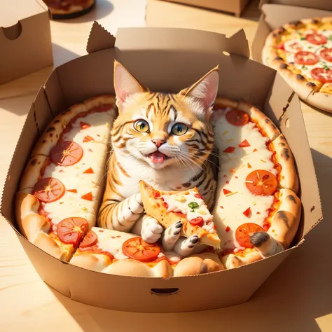 A box of pizza with images of a cat holding a slice and meowing.

The enticing pizza box displayed vibrant illustrations of a feline friend happily savoring a slice of cheese pizza while emitting a playful meow.