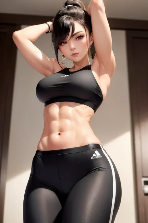 A slender and gorgeous woman, with a narrow waist and an understated allure, dons a fitted gym outfit. Her toned abs are highlighted by the low-waist shorts she wears, and her ponytail swings gracefully as she moves. The highly detailed image captures ever...