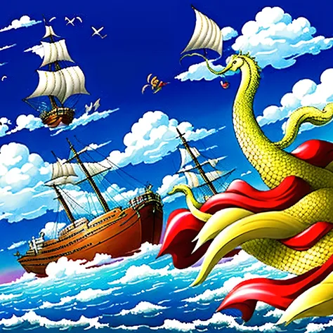 makes a ship sail at sea while being pulled by a seahorse. the boat must be of medium size and on its bow there must be a golden snake with wings
