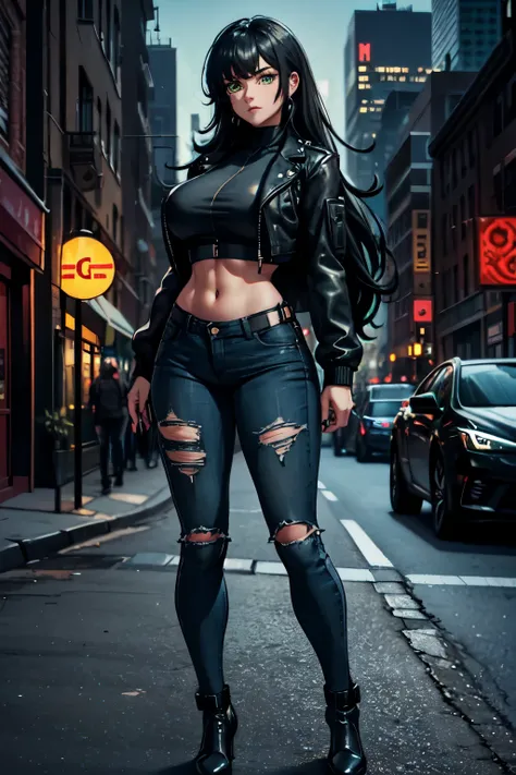 1woman,standing,looking at viewer,full body,big breasts,thick thjighs,Black long hair lower part slightly curled,Confident look,Green eyes,superior,wearing black croptop,loose black leather jacket, tight blue jeans, city at night backgorund