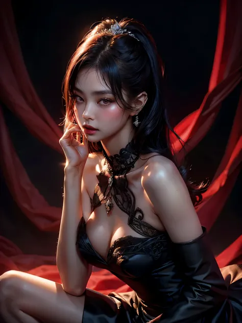 Princess of Darkness,busty,Glamour,Gorgeous,Jewelrymonochromes,Gothic goddess,Dark Fantasy,luxury dresses in glossy red，Dark Venus,erotic posing,Dynamic Posing,Arrange Pose,Dramatic,Cinematic,Detailed background,Dynamic Angle,From the angle of the film,Got...