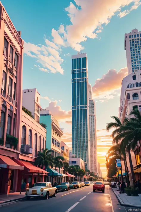 
"Imagine and illustrate a captivating Miami Art Deco street scene bursting with vivid colors and architectural splendor. Picture the iconic pastel-hued buildings adorned with intricate geometric designs and ornate details, set against a backdrop of clear ...