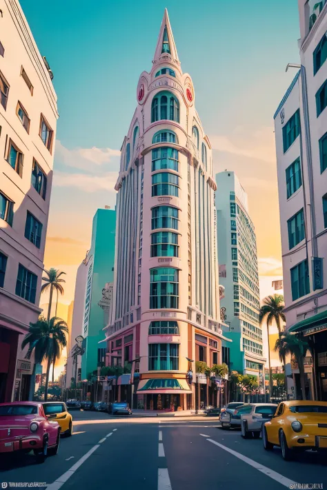 
"Imagine and illustrate a captivating Miami Art Deco street scene bursting with vivid colors and architectural splendor. Picture the iconic pastel-hued buildings adorned with intricate geometric designs and ornate details, set against a backdrop of clear ...