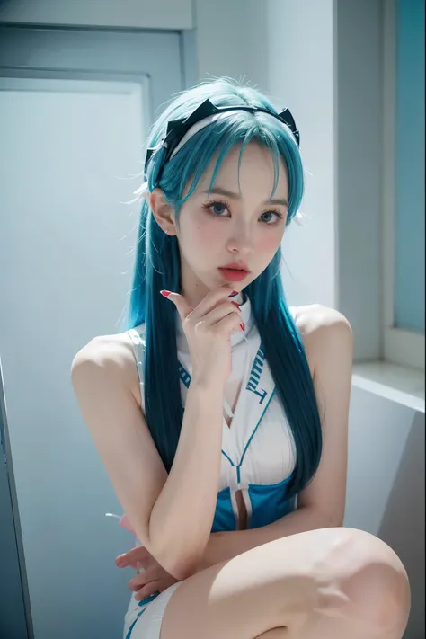 a solo shot of an idol resembling eri kamei, cosplaying as rei ayanami from evangelion. she should have blue hair, red eyes, and...