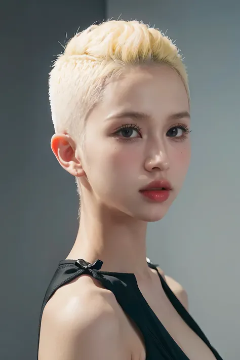 a 20 yo woman, blonde, (hi-top fade:1.3), dark theme, soothing tones, muted colors, high contrast, (natural skin texture, hyperr...