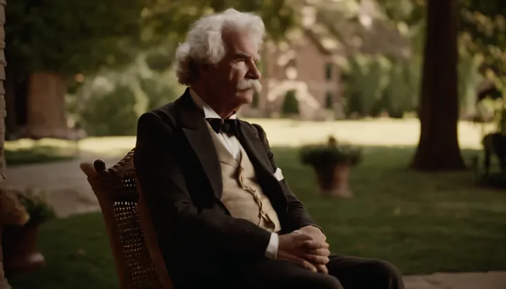 Mark Twain sitting on a chair in front of his house