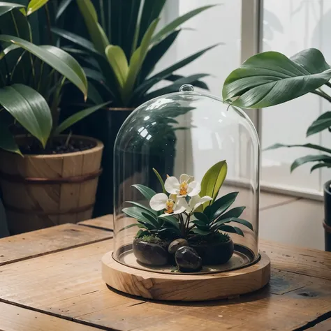 "Im looking for a logo for my Instagram profile, which talks about growing indoor orchids. I want to convey the idea of a protected orchid within a controlled environment, such as a glass dome or a transparent greenhouse. The species I would like to use in...