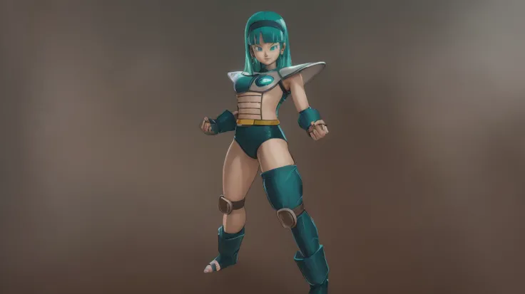 um close de um personagem de desenho animado com cabelo azul, Bulma de Dragon Ball, garota saiyajin, personagem de videogame katana zero, armadura saiyajin, cyber fighting armor, postura poderosa, armadura brilhante de alta tecnologia, arms on waist pose, ...