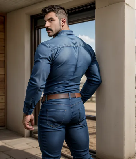 1male, vaqueros, musculoso,  rostro, realista, foto, real foto, jeans, full body, backside