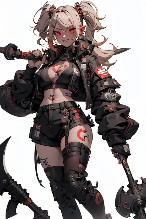 1girl, rebecca (cyberpunk), full body, solo, blonde braid hair, glowing red eyes,laugh fearlessly, leg tattoo, neck tattoo,  large chest, black bra, thong, red pupils, skin fang, red eyes, black jacket, ((Holding a big hammer、white background:1.2))、dynamic...