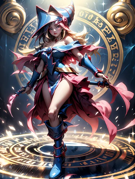 dark magician gils con vestido de gala color negro. ella usa tacones rojos, tiene aretes. usa collares.  cabello rubio y largo. ...