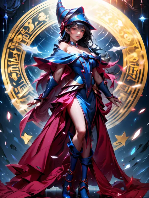 Dark magician gils con vestido de gala color Negro. Ella usa tacones rojos, tiene aretes. Usa collares.  Cabello rubio y largo. Ojos azules. Labios rojos. Pose sensual y sujestiva. Fondo de Castillo 