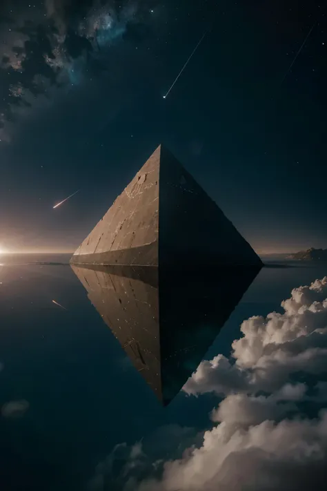 create a floating pyramid in outer space, como se fosse uma nave, com janelas de vidros, no formato oval, que sai raio de luzes multicoloridas, 