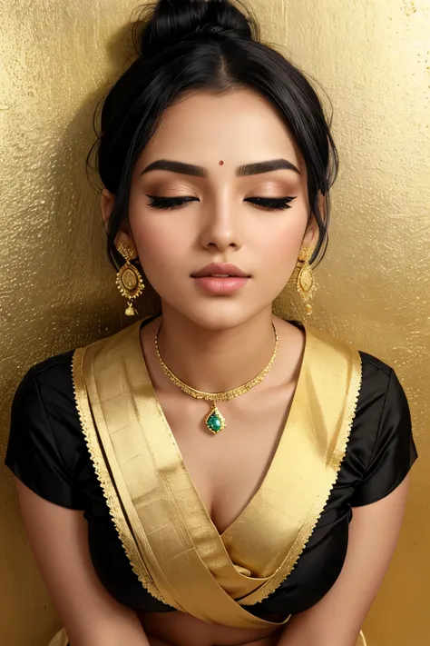 Sexy woman, black hair tied in a bun, smokey eyes, eyeliner, blushing intensely, fairest skin, plump face, soft lips, gold blouse, white saree with gold borders, pinned against a wall