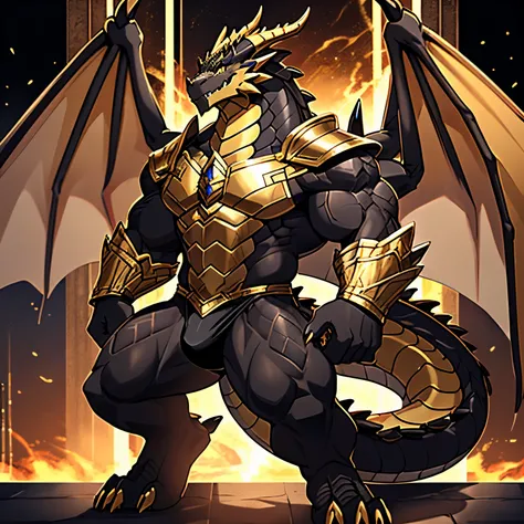 (The violent and powerful Dark Gold Dragon King，Wearing modern black and gold armor，Inlaid with black gold gemstones：200)，Dragon-shaped demon from Strong build，(Broad dragon body，huge chest，majestic wingspan，Sharp and huge dragon claws，Thick iron tail，Shar...