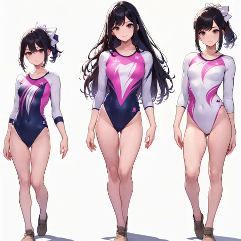 ((full body)),(masterpiece, best quality), (2 girls1.5) ,((Contrapposto:1.5)), looking at viewer, walking,((v_arms:1.2)), （wearing gymnastics_longsleeves_leotard_outfit leotard:1.3),(pink leotard) ,(ribbon print leotard:1.3),{{wearing gym suit:1.3 }}, BREA...