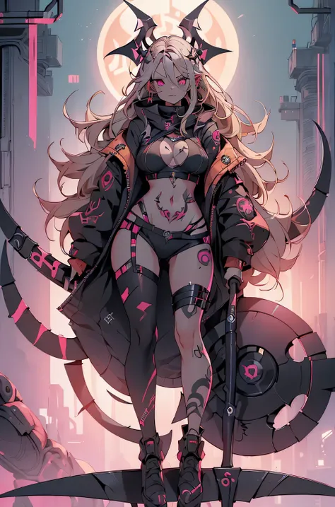 1girl, rebecca (cyberpunk), ((full body:1.3)),(( a huge big scythe, the size of half of the screen:1.3 )),solo, blonde braid hair, glowing red eyes,laugh fearlessly, leg tattoo, neck tattoo,  large chest, black bra, thong, red pupils, skin fang, red eyes, ...