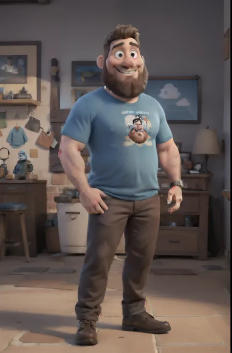 masterpiece, best quality, realistic, 30 years old man, Smiling face, chubby and muscle body, crossed arms, brown long beard and bald, wearing a blue cashmere t-shirt with no logo and black jeans, standing beside his motorcycle Harley davidson