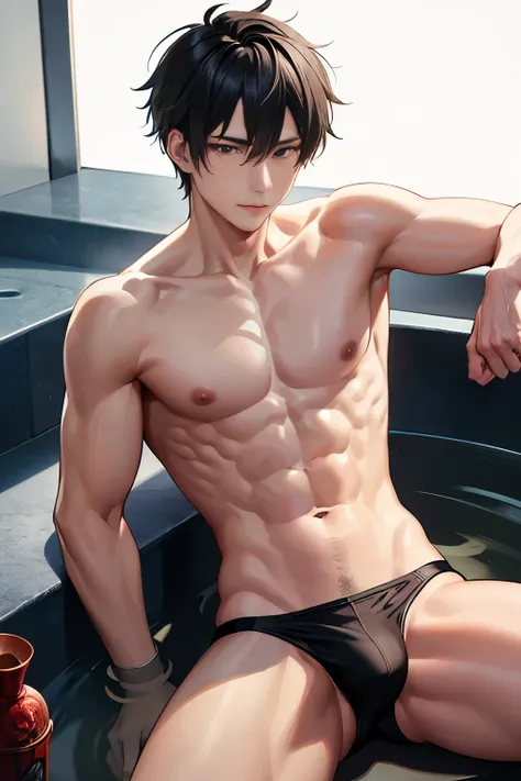 Chinese male actor in briefs, handsome Chinese guy, handsome man, Full Body Shoot, photoshoot, portrait, studio lighting, look at camera, detailed facial parts, Manly, Charmer, Active Boy, take a bath, laying in bath, wet body, open legs, anguished express...