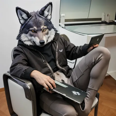 There&#39;s a wolf sporting his signature outfit on a chair with a laptop 