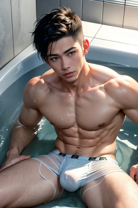 Chinese male actor in briefs, handsome Chinese guy, handsome man, Full Body Shoot, photoshoot, portrait, studio lighting, look at camera, detailed facial parts, Manly, Charmer, Active Boy, take a bath, laying in bath, wet body, open legs, anguished express...