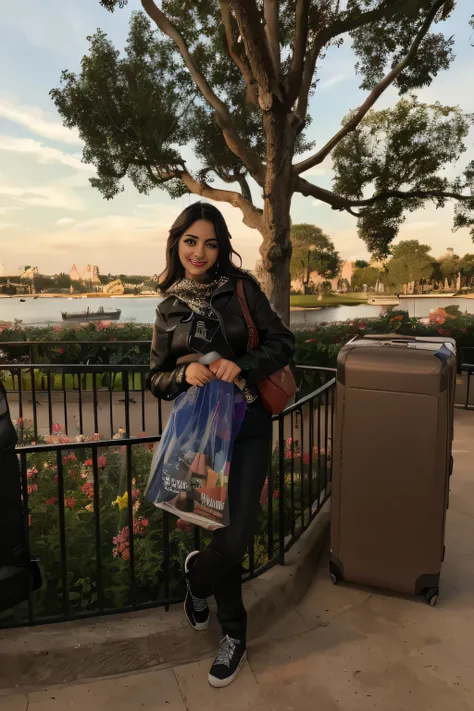 woman standing on a railing with a luggage bag in front of a lake, Epcot, Disney artist, Disneyland as a background, Disney 8k photo, at Disney, at sunset, the background is the Disneyland castle, city of Orlando (USA), in Disney adventure, Florida, (USA)....