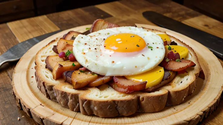 english breakfast - toast, egg, bacon and vegetables in a rustic style on wooden table