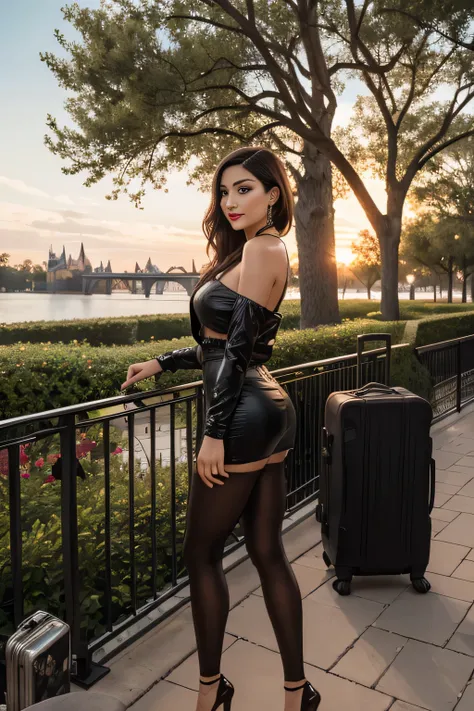 woman standing on a railing with a luggage bag in front of a lake, Epcot, Disney artist, Disneyland as a background, Disney 8k photo, at Disney, at sunset, the background is the Disneyland castle, city of Orlando (USA), in Disney adventure, Florida, (USA)....