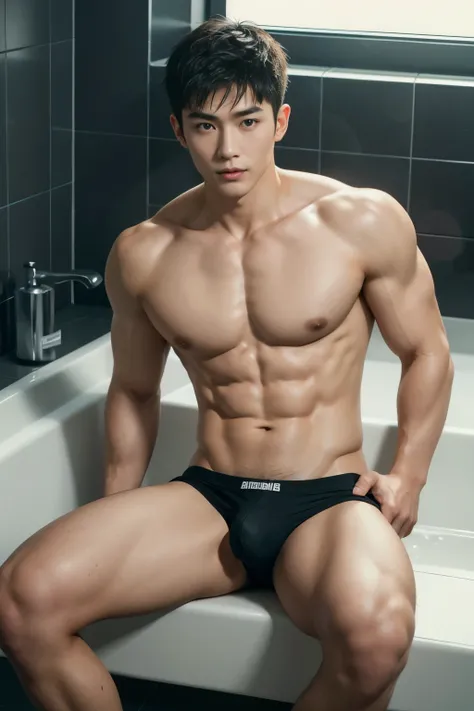 Chinese male actor in briefs, handsome Chinese guy, handsome man, Full Body Shoot, photoshoot, portrait, studio lighting, look at camera, detailed facial parts, Manly, Charmer, Active Boy, take a bath, laying in bath, wet body, open legs, anguished express...