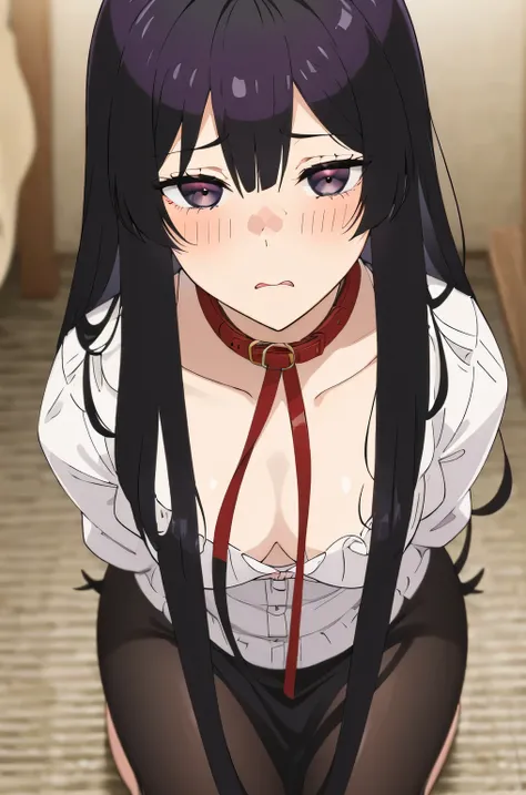 ((collar,leash attached to collar,tied up,bondage,scared expression,blush)),black hair,black eyes,(((naked))),ahg rolling eyes tongue,(((eager pet pose)))
