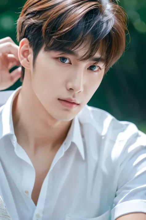 Create realistic images, High resolution photo with a handsome Korean guy, Heterochromatic blue eye, He was wearing a loose white shirt and white jeans...,nice skin,half body portrait,Open it up...,short light brown hair.,strong