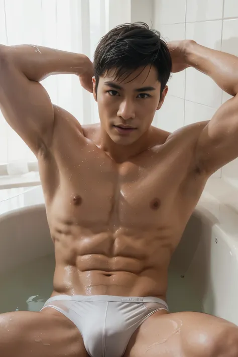 Chinese male actor in briefs, handsome Chinese guy, handsome man, Full Body Shoot, photoshoot, portrait, studio lighting, look at camera, detailed facial parts, Manly, Charmer, Active Boy, take a bath, laying in bath, wet body, open legs, anguished express...