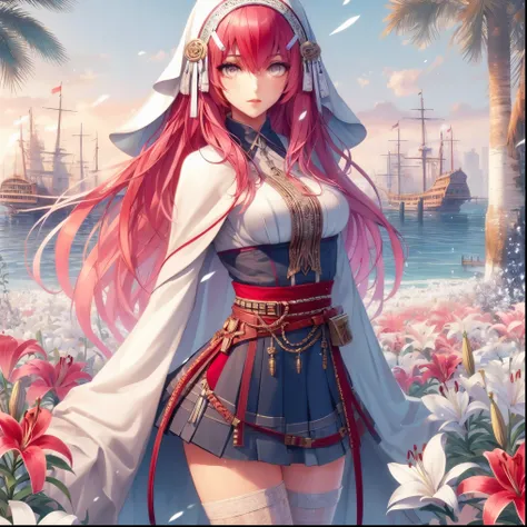 una mujer vestida de blanco y rojo parada en un campo de flores, estilo anime 4k, anime fantasy illustrations, fondo de pantalla de arte anime 4k, fondo de pantalla de arte animado 4k, fondo de pantalla de arte anime 8k, fondo de pantalla animado 4k, fondo...