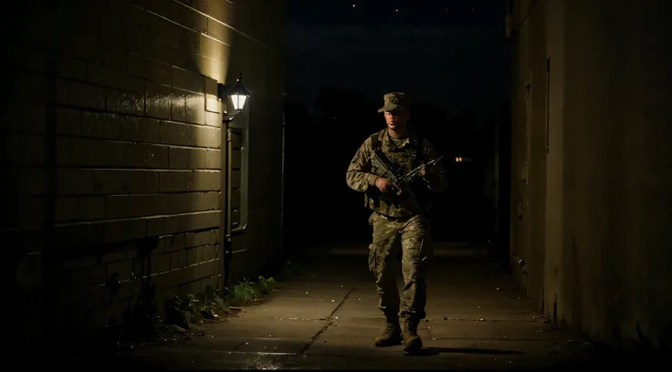 Army Soldier making a round during a dark night in a dark facilities courtyard, carrying a pistol and a flashlight