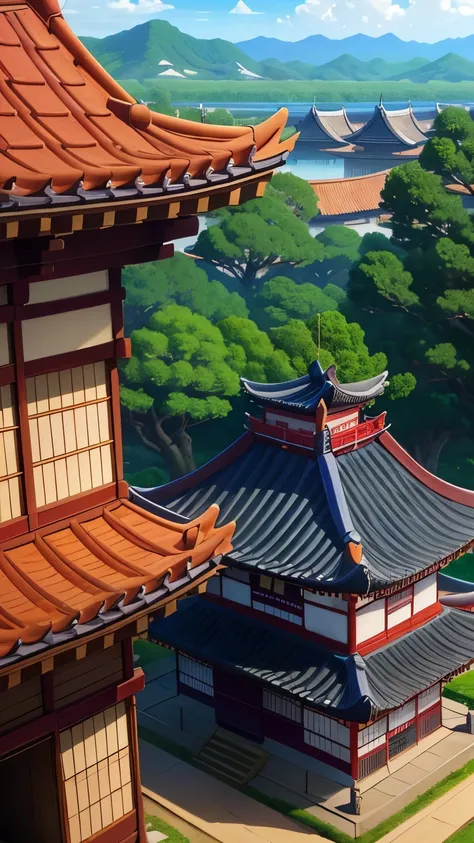 far away in the distance is a symmetrical samurai dojo with a intrance in the middle, very iconic roof, high res