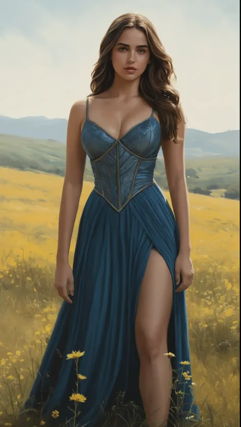 An illustrated movie poster, hand-drawn, full color, a Westerosi teen girl, wearing a long regal dress, resembles Ana De Armas, sun-tanned complexion, athletic, hourglass figure, toned midriff, bottom-heavy, generous hips, massive bubble-butt, ridiculously...