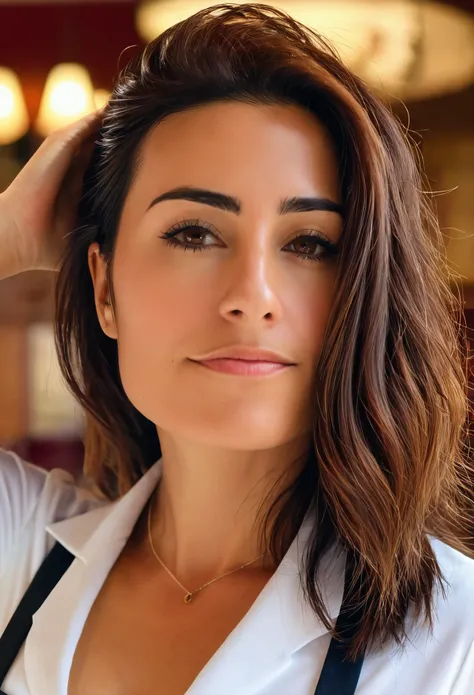  Create the image of a 33-year-old woman, con piel morena, Brown eyes, nariz ancha, piel con imperfecciones,shoulder length brown hair, where you can see that she is wearing a waitress uniform.