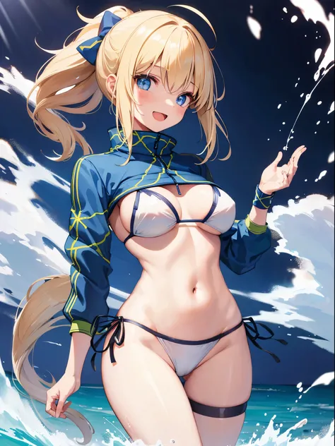 masterpiece,(ultra-detailed),1girl, mysterious heroine xx (fate), half_eyes,smile,open mouth, swimsuit, white bikini, side-tie bikini bottom, shrug (clothing), jacket,  thigh strap, wristband,  large_breasts, ocean, splashing,blonde_ponytail,open_legs,cap,...