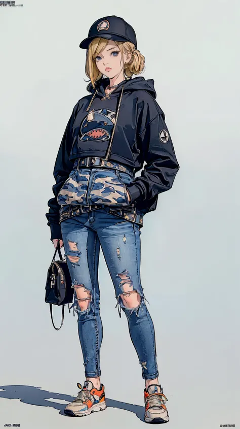 ((best quality,4k,highres,masterpiece:1.2)),((character concept art)), 1 female, age 17. Shes dressed in a streetwear ensemble by A Bathing Ape. (((Shes wearing the brands iconic Camo T-Shirt, paired with high-waisted, belted denim jeans. A Bathing Apes di...