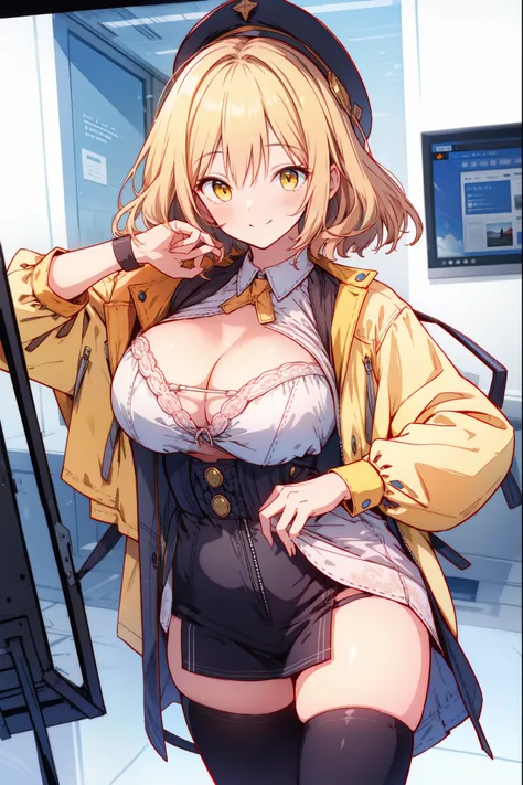 (masterpiece, best quality) ,(high resolution,weak outline),(textile shading) ,BREAK ((1girl)), BREAK (breast cleavage), ((large breasts:2.0, visible tits)), BREAK ((beautiful eyes, yellow eyes)), BREAK short hair, ((blond hair)) ,BREAK((seductive smile, b...